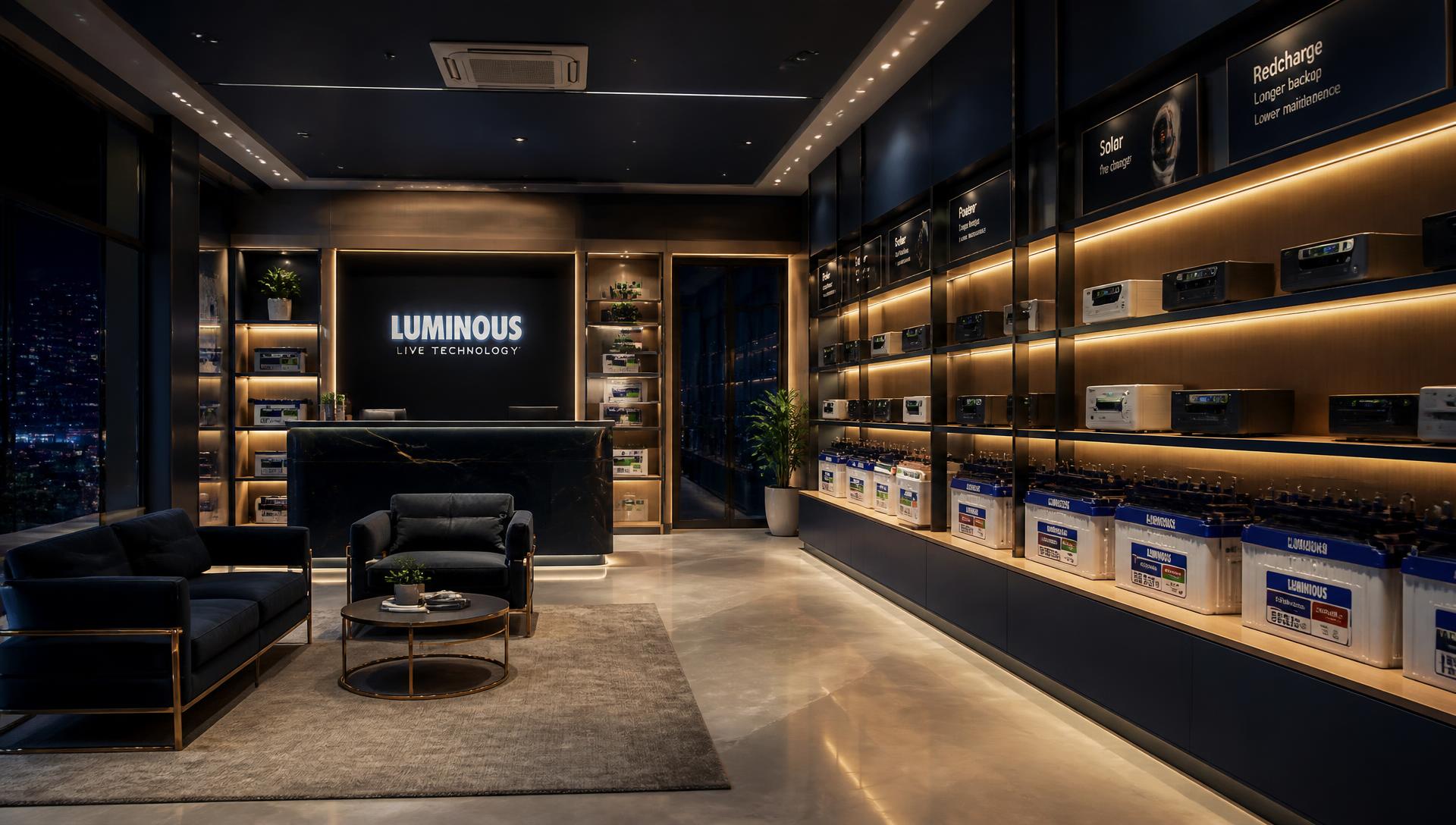 Premium battery and inverter showroom with luxury lighting in Gurugram